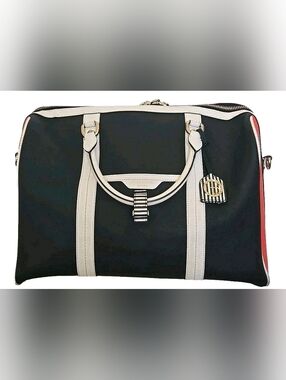 Henri Bendel West 57th Black Red Cream Colorblock Leather Duffel Weekender Bag